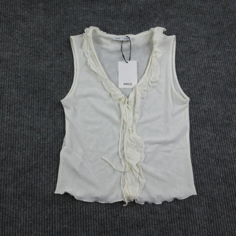 MNG Tank Womens S White V-Neck Camisole Ruffle Lightweight Sheer Jersey NWT